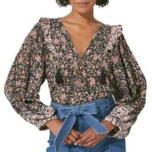 CLEOBELLA Brynlee Blouse Fan Print Organic Cotton Puff Sleeve BOHO Sz M